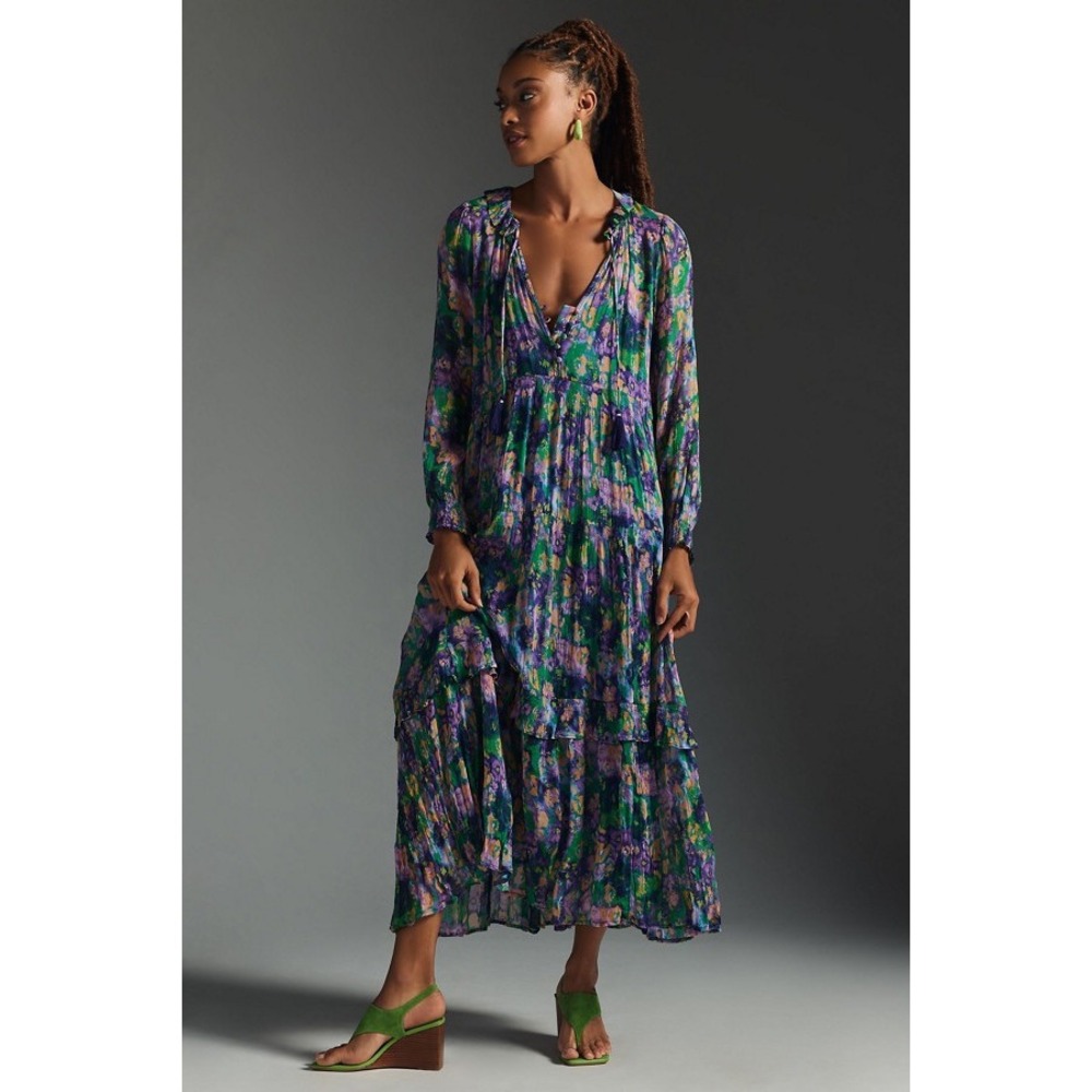 Anthropologie The Marais Printed Chiffon Maxi‎ Dress Watercolor Floral Purple L
